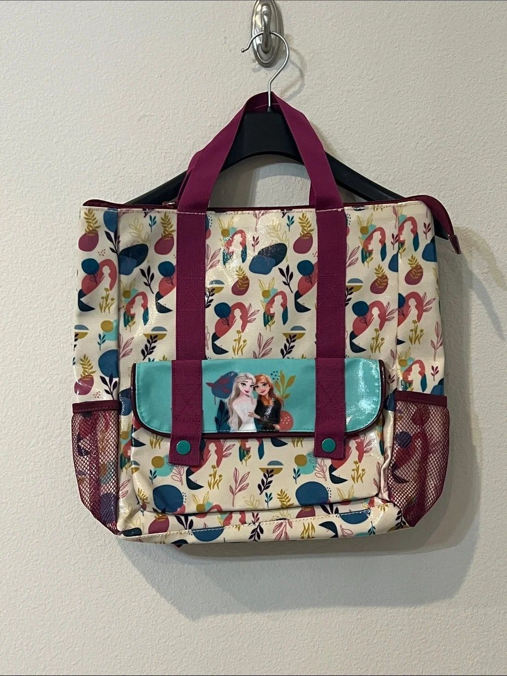Disney Frozen 2 Elsa Anna Tote Bag Floral Print Zip Top School Travel Carryall